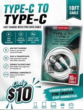 Type-C to Type-C 10ft Fast Charge Silicone Cable - White